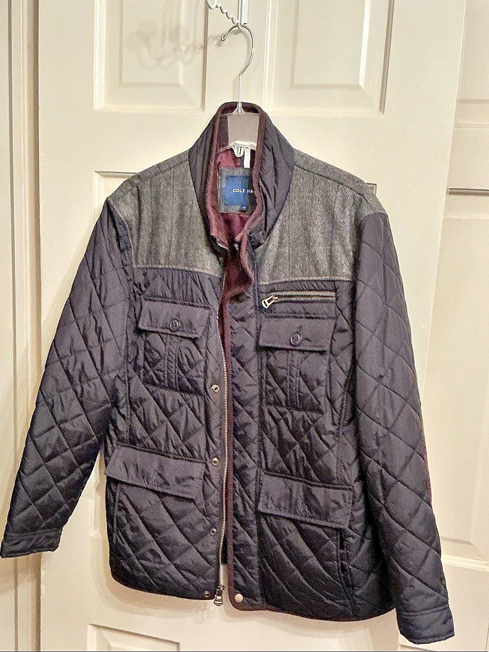 Cole Haan Men's Herringbone Yoke Diamond Quilted Jacket Black & Gray Large